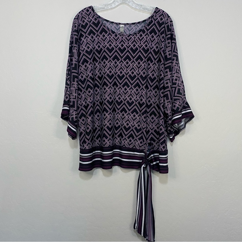 PERSEPTION WOMEN 3/4 Sleeve Front Tie Blouse Geometric Striped Plus Size 2X